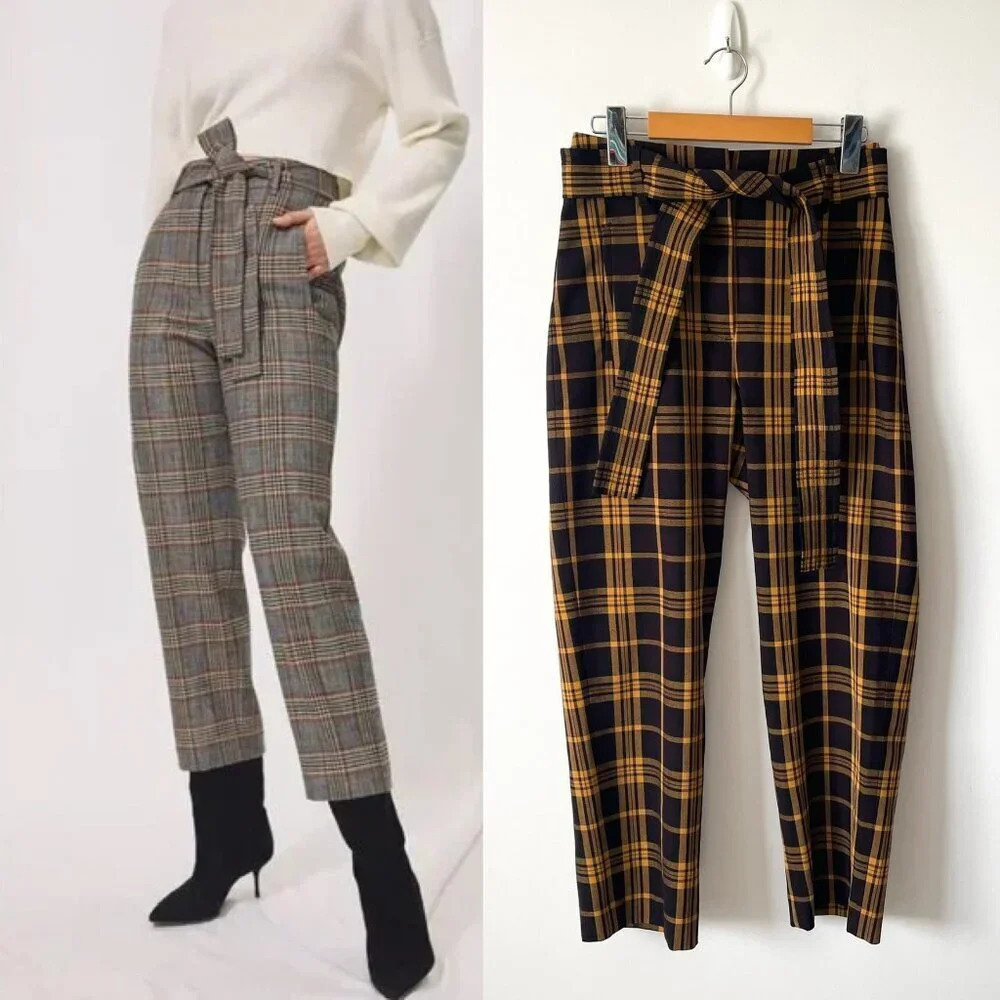 Aritzia Wilfred Tie-Front Jallade Cropped High Waisted Pant Plaid Size 2